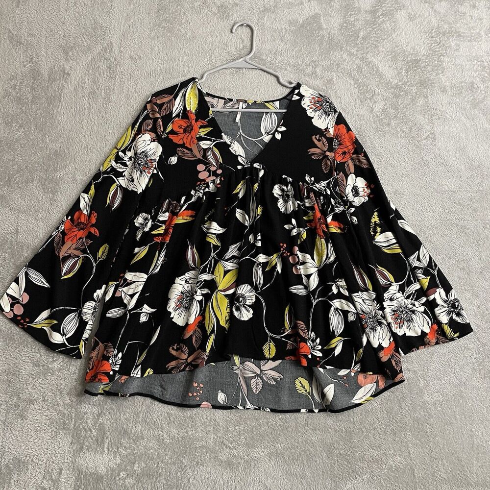 Free People Top Womens Small Black Bella Floral Tunic Hi Lo Boho Bell Sleeve